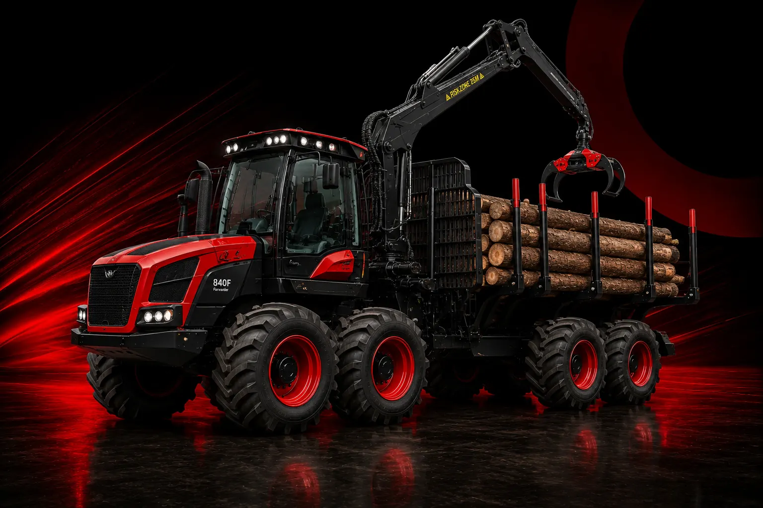 Forwarder florestal vermelho carregando toras com garra hidráulica