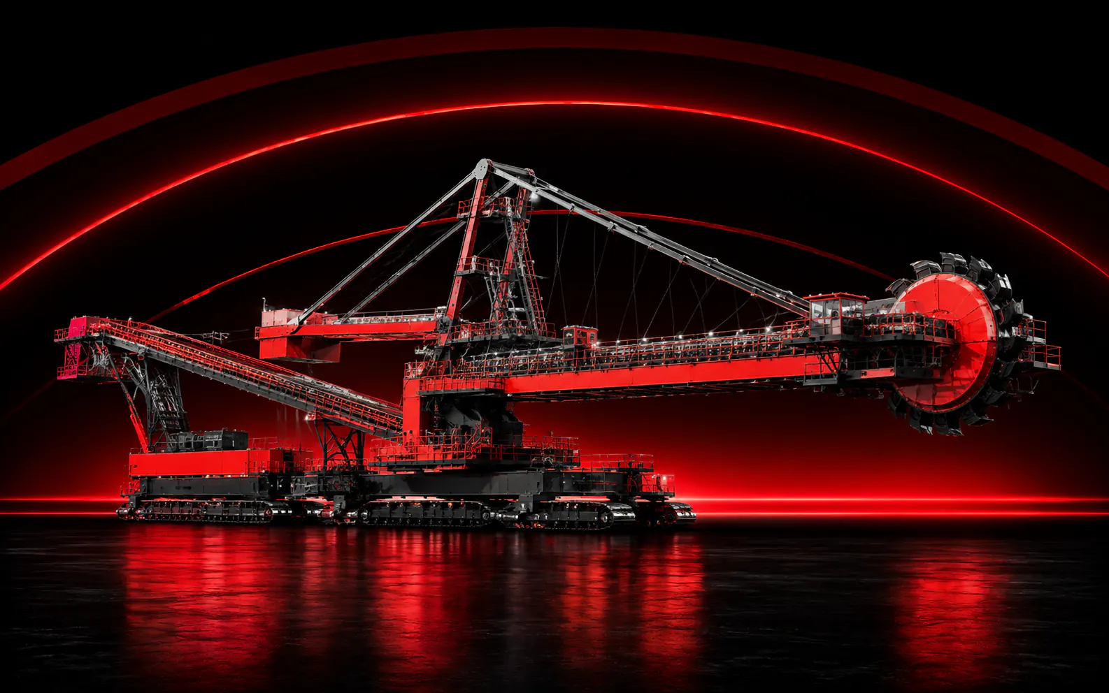 Stacker/Reclaimer de grande porte com lança transportadora e roda de caçambas